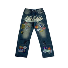 Vale Forever Rhinestone Patchwork Oversized Blue Denim Jeans