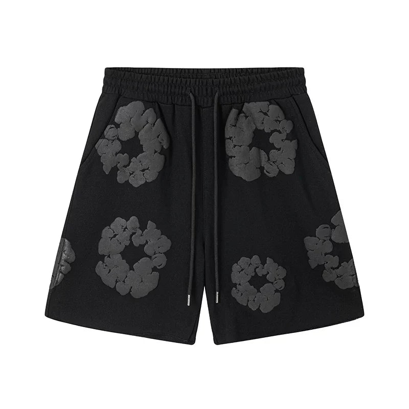 Denim Tears Black Tonal Cotton Wreath Print Casual Shorts